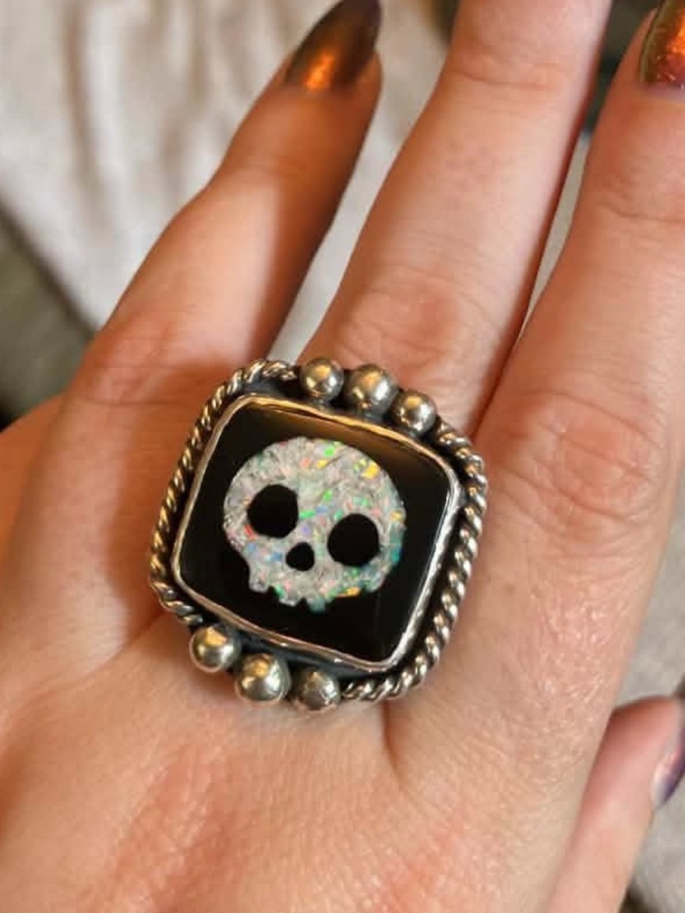 Opal mosaic skull sterling silver ring wide band size 7/7.5 new